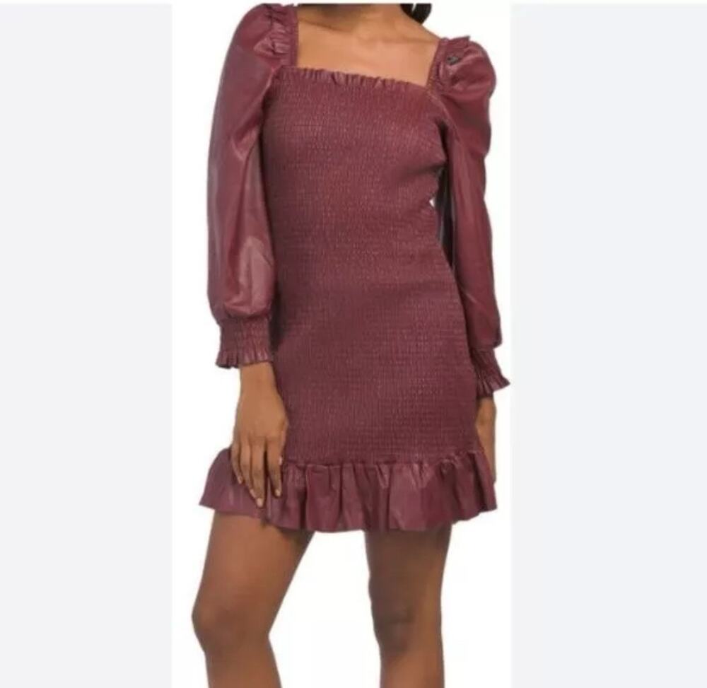 7 For All Mankind Smocked Oxblood Faux Leather Mini Dress Burgundy Small NWOT